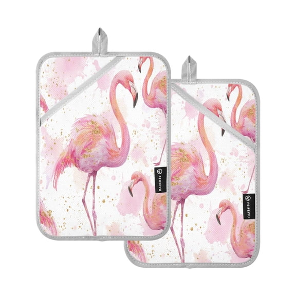 2 Pack Pot Holders for Kitchen Heat Resistant Hot Pads Sets for Cooking Baking Pink Flamingos with Golden Dot