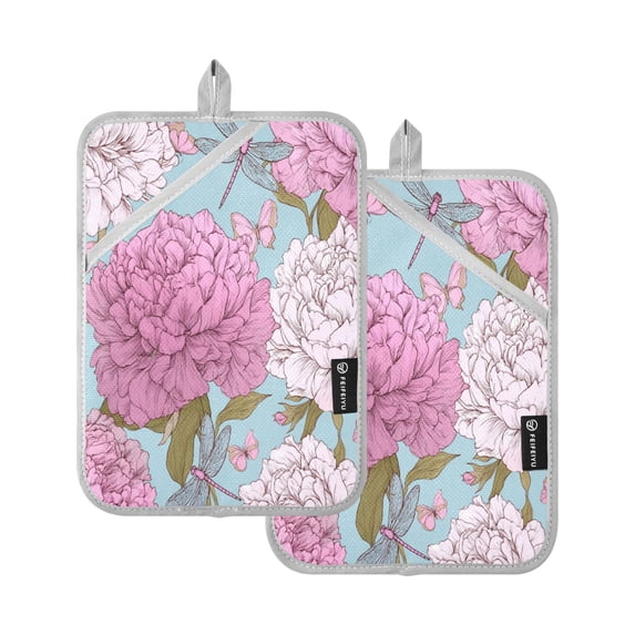 2 Pack Pot Holders for Kitchen Heat Resistant Hot Pads Sets for Cooking Baking Pink Peony Pattern