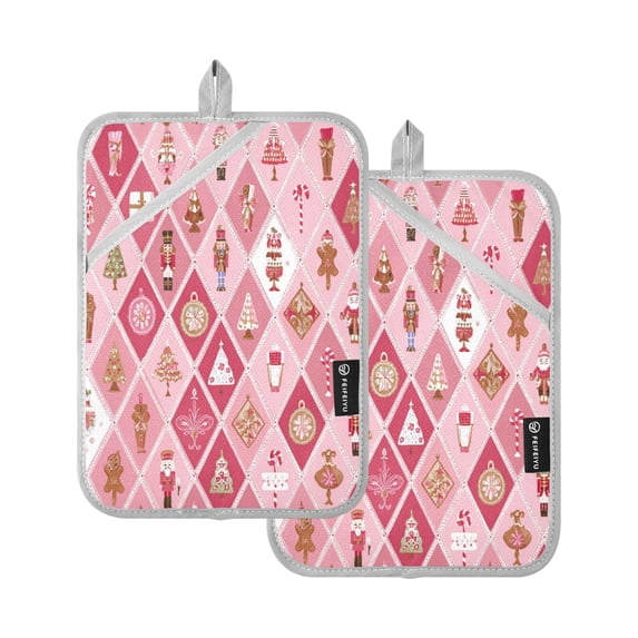 2 Pack Pot Holders for Kitchen Heat Resistant Hot Pads Sets for Cooking Baking Pink and White Christmas Motifs