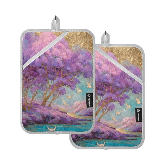 2 Pack Pot Holders for Kitchen Heat Resistant Hot Pads Sets for Cooking Baking Purple Trees