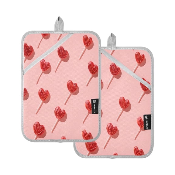 2 Pack Pot Holders for Kitchen Heat Resistant Hot Pads Sets for Cooking Baking Red Heart-shaped Lollipops