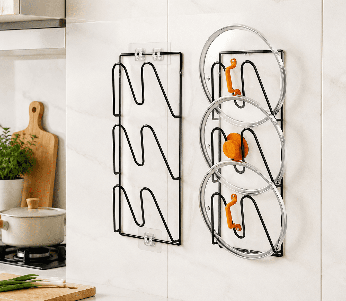2 Pack Pot Lid Organizer Rack 6-Tier Pot Lids Holder for Cabinet Door or Wall, No Drilling Adhesive Wall/Door Mount, Rustproof Pot and Pan Cover for Kitchen Storage, Classic Black