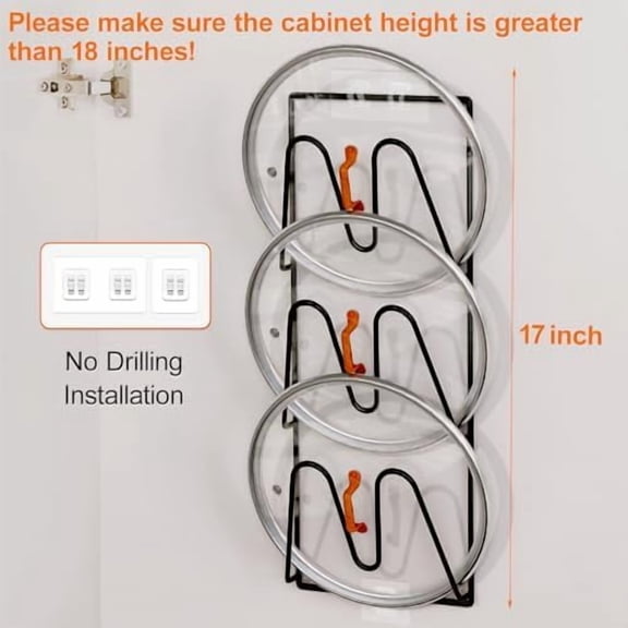 2 Pack Pot Lid Organizer Rack, 6-Tier Pot Lids Holder for Cabinet Door/Wall, No Drilling Adhesive Wall/Door Mounted Rustproof Pot and Pan Cover for Kitchen Storage, Classic Black