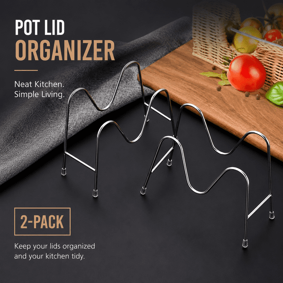 2 Pack Pot Lid Organizer Rack, Metal Kitchen Lid Holder Stand for Pot Lids, Cutting Boards, Plates and Bakeware Storage