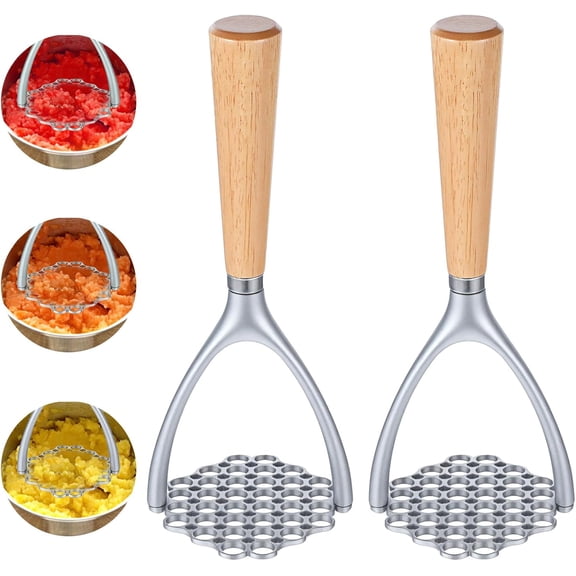 2 Pack Potato Masher with Wooden Handle Heavy Duty Aluminum Potato Press & Masher for Kitchen Ergonomic Design for Smooth Mashed Potatoes, Vegetables, and More