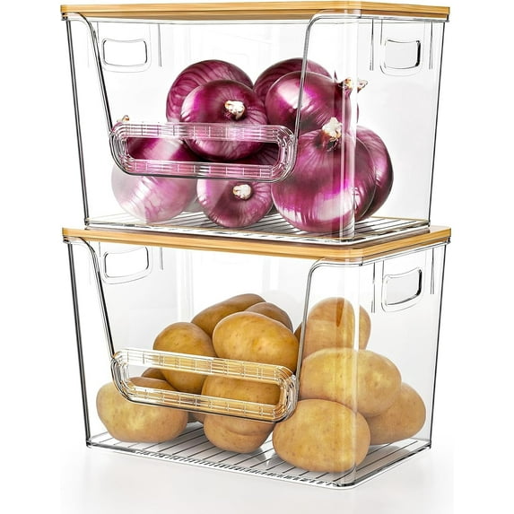 Potato Storage Bin, Delamu Onion Holder Stackable Kitchen Pantry Organizer with Bamboo Lid 2 Pack, Clear