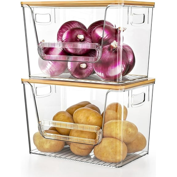 Potato Storage Bin, LazySpin Onion Holder Stackable Kitchen Pantry Organizer with Bamboo Lid 2 Pack, Clear