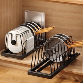 Sofinny Pull Out Pots and Pans Organizer Under Cabinet, 21.6" Deep Expandable Pot Lid Holder Rack with 10 Adjustable Dividers No Drilling-2 Pack,Black