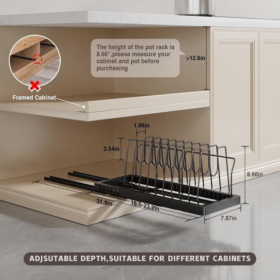 2 Pack Under Cabinet Pot and Pan Organizer with Expandable Depth, 10 Adjustable Dividers, No Drill Storage Rack for Kitchen