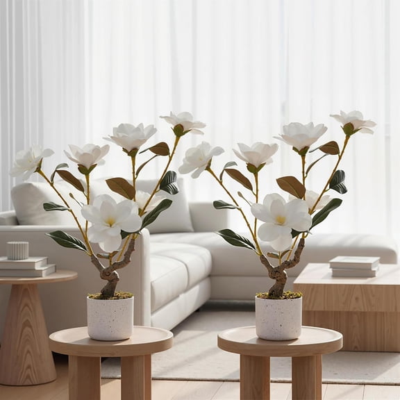 2 Pack Potted Artificial Tree Orchids for Indoor - 23.6inch Faux Trees with Realistic White Magnolia Flowers and Leaves, Bendable & Washable, Fake Plant for Home Office Wedding Table Decor