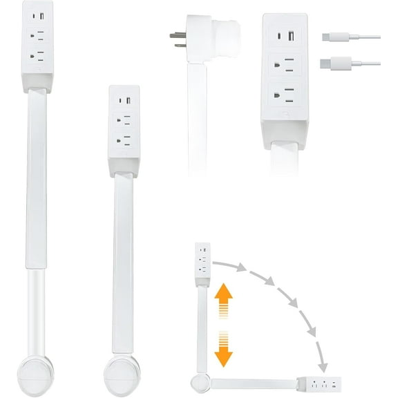 2 Pack Power Socket Expander, Rotatable 180° Electrical Outlet Extender, Access Hard-to-Reach Outlets, Features USB-A, USB-C and 2 AC outlets, Extends 22" - 34". Suitable for Sofa, Nightstand, Desk