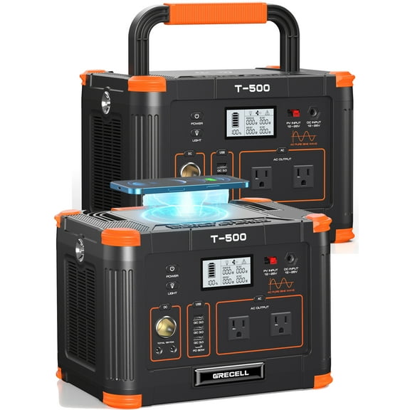 Grecell Power Station 500W Continuous Portable Solar Generators with Wireless Charger for Outdoor Home Emergency, 2 Pack