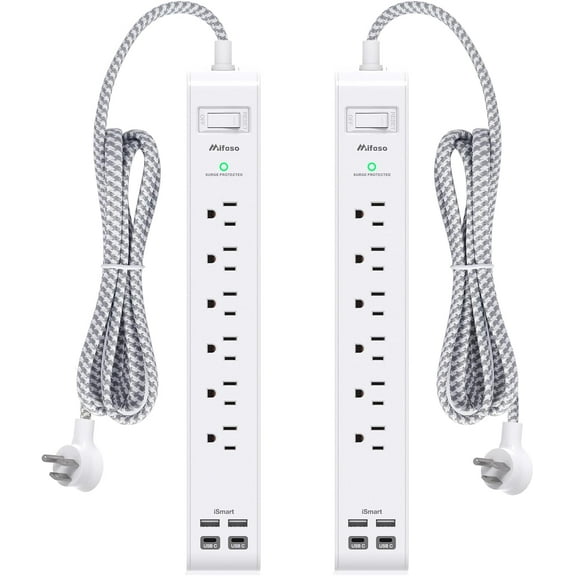 2 Pack Power Strip, 12FT Long Extension Cord, Sur Protector with 6 Outlets and 4 USB Ports (2 C), Flat Plug Overload Protection, Cord 10+ ft, Wall Mount for Home Office Dorm Colle