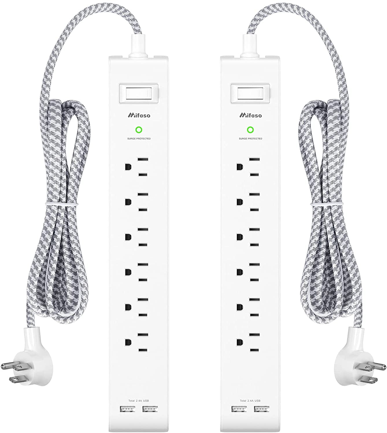 White 8-Outlet Power Strip with USB Ports and Braided Cord