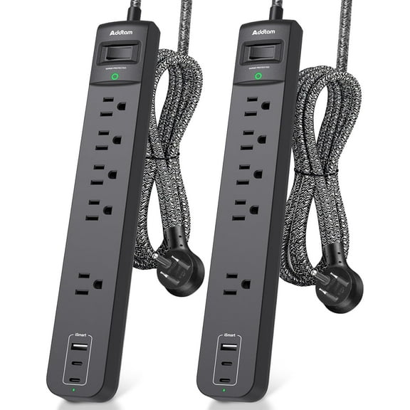 2 Pack Power Strip Surge Protector - 5 Widely Spaced Outlets 3 USB Charging Ports, 1875W/15A 6Ft Braided Extension Cord, Flat Plug Overload Protection, Wall Mount for Home Office Dorm Room Essentials