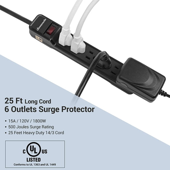 2-Pack Power Strip Surge Protector,25 Ft Extra Long Extension Cord, Low Profile Flat Plug,15 Amp Circuit Breaker, 500 Joules, Wall Mount, Black, UL Listed