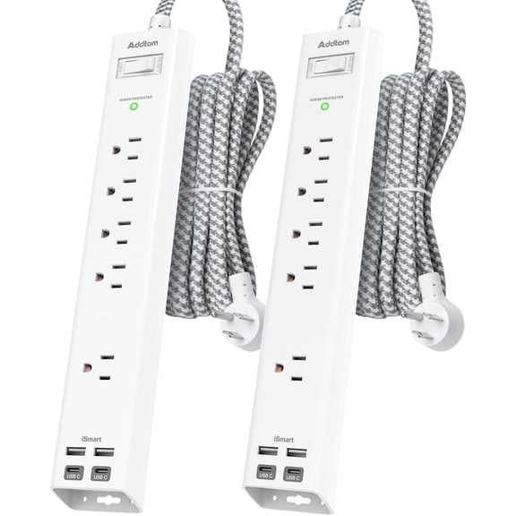 2 Pack Power Strip Surge Protector - 5 Widely Spaced Outlets 4 USB Charging Ports, 1875W/15A with 6Ft Braided Extension Cord, Flat Plug, Overload Surge Protection, Wall Mount for Home Office,White