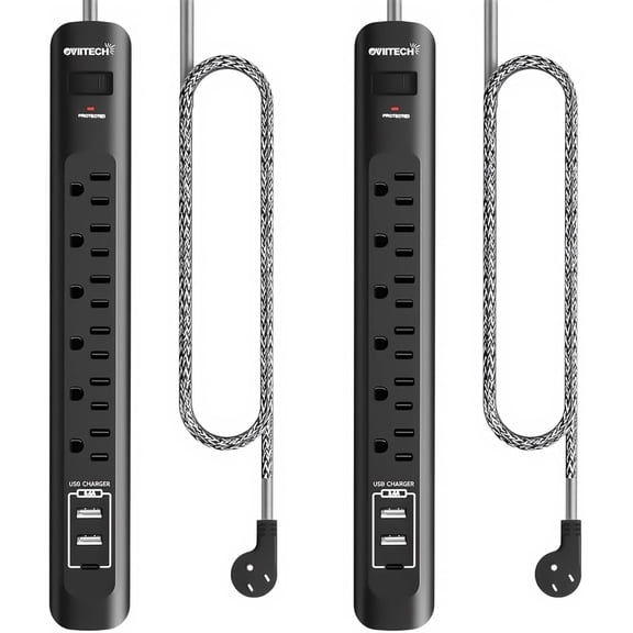 2 Pack Power Strip Surge Protector - 5Ft Extension Cord with 6 Outlets with 3USB Ports