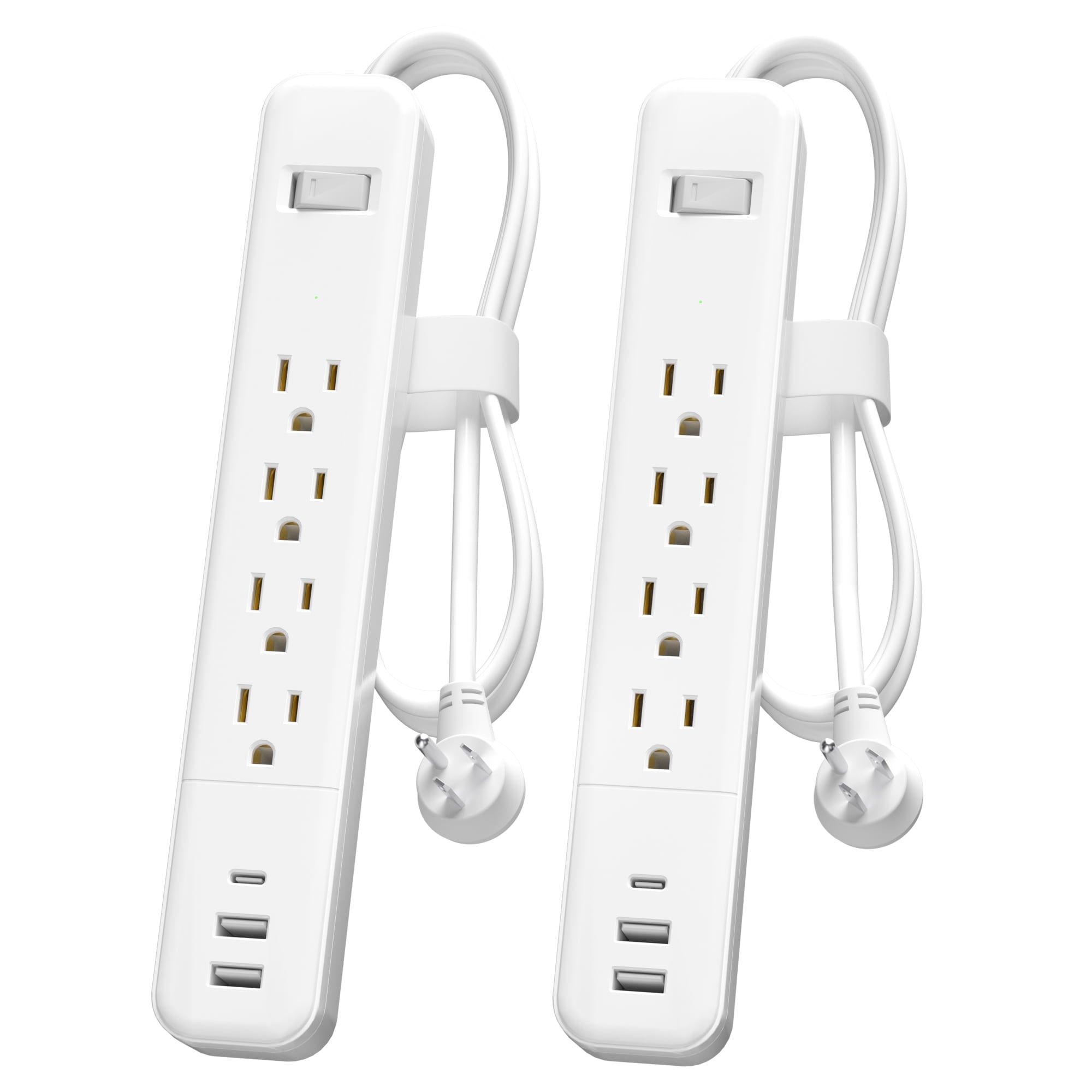 2 Pack Power Strip Surge Protector with USB Ports, White Extension Cord 6 Feet 3 Prong, 4 outlets, 3 USB Ports, 1875W/15A, Wall Mountable, Plug Strip Surge Protector 1500J for Home Office