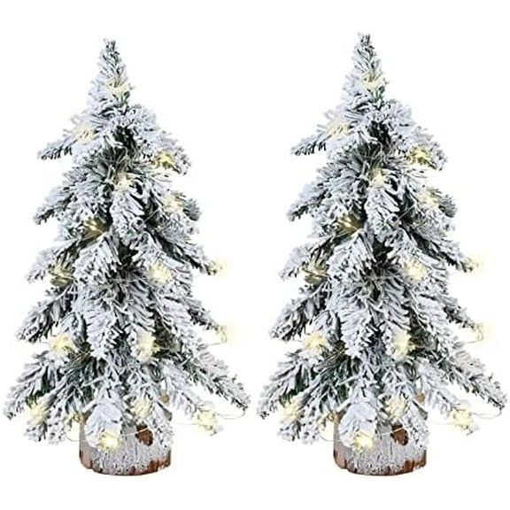2 Pack Pre-Lit Artificial Mini Christmas Tree, 18 Inch Snow Flocked Artificial Pine Tree with LED Lights, Tabletop Snowy Xmas Tree with Wood Base for Room Porch Table Centerpieces Decor