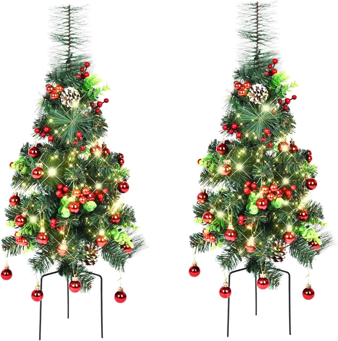 2 Pack PreLit Christmas Pathway Trees, 30 in, Artificial Christmas Urn Filler, 60 LED Lights