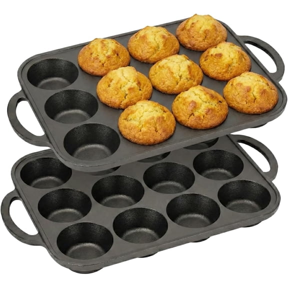 2-Pack Pre-Seasoned Black Cast Iron 12-Cup Round Muffin Pan with Handles, Oven and Stovetop Safe