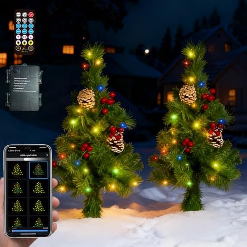 2 Pack Pre-lit Christmas Tree with Remote, Battery Operated with Timer, Smart Multi-Color & Warm White Lights, Music Sync, Artificial Christmas Tree for Outdoor Porch, Urn Filler, Xmas Decor