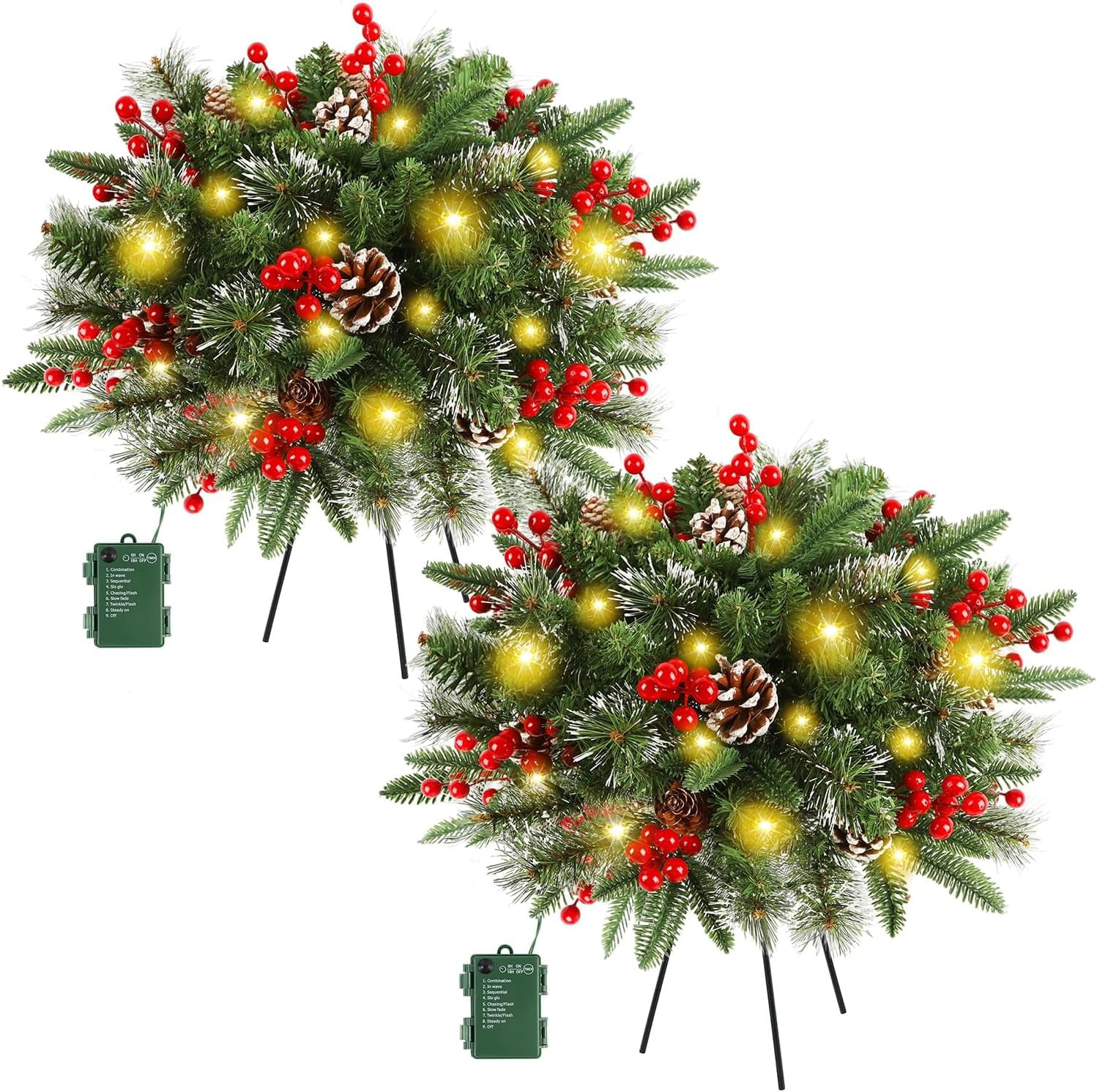 2 Pack Prelit Christmas Tree Urn Filler, Lighted Artificial Xmas Pine
