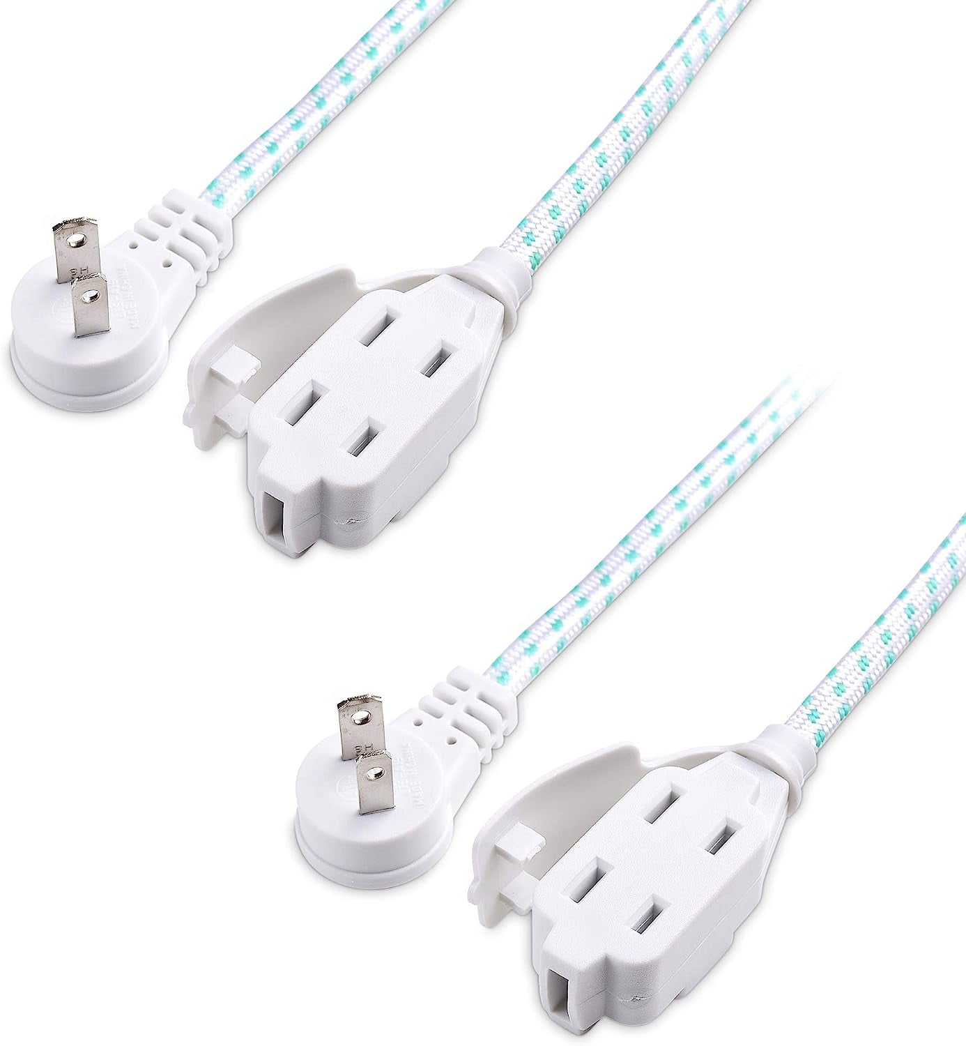 2 Pack Premium Braided 3 Outlet Flat Extension Cord 2 Prong 6 ft with