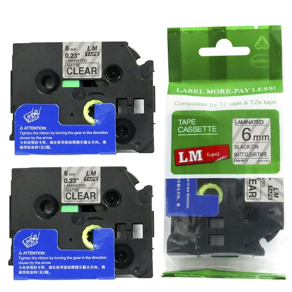 2/Pack - Premium Compatible with TZe-M11 Black on Matte Clear 1/4 p-touch Label tape, 6mm laminated replacment TZeM11 tape, TZM11 0.23" black ink on clear matte label.