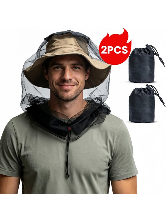 2 Pack Premium Mosquito Head Net for Insect, Fly & Bug Protection - Ultra Large & Long, Extra Fine Mesh for Camping, Hiking, Fishing, Gardening, Safari, Fits All Hats for Men & Women