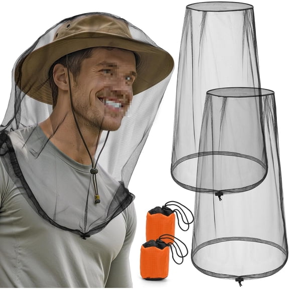 2 Pack Premium Mosquito Head Nets with Drawstring, Breathable Ultra Large Bug Net for Head, Mosquito Net Hat for Men and Women, Universal Fit for Hats, Essential for Outdoor Activities Black