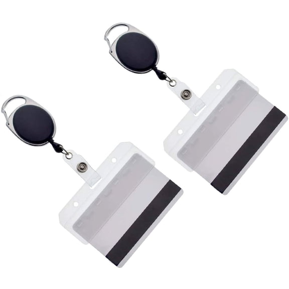 2 Pack - Premium Retractable Carabiner Badge Reels with Horizontal Half Card Badge Holders (Clear Plastic) - Leaves Magnetic Mag Stripe Exposed for POS and Swipe Cards by Specialist ID (Solid Black)
