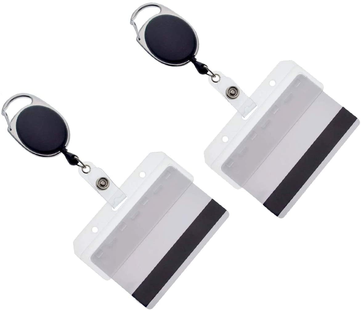 2 Pack - Premium Retractable Carabiner Badge Reels with Horizontal Half  Card Badge Holders (Clear Plastic) - Leaves Magnetic Mag Stripe Exposed for