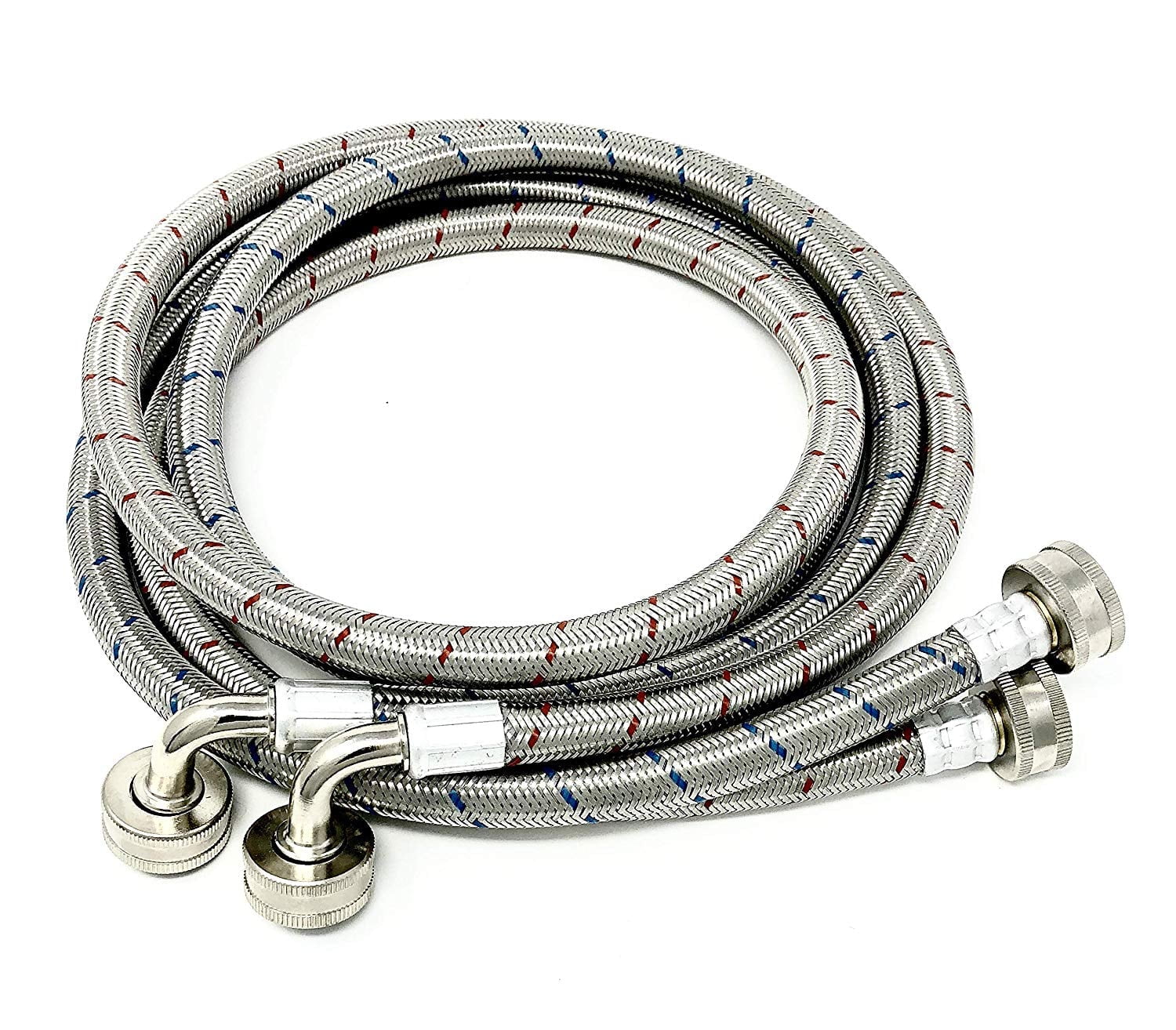 2-Pack Premium Stainless Steel Washing Machine Hoses - 5 FT No-Lead Burst Proof Red and Blue Lined Water Inlet Supply Lines - Universal 90 Degree Elbow Connection