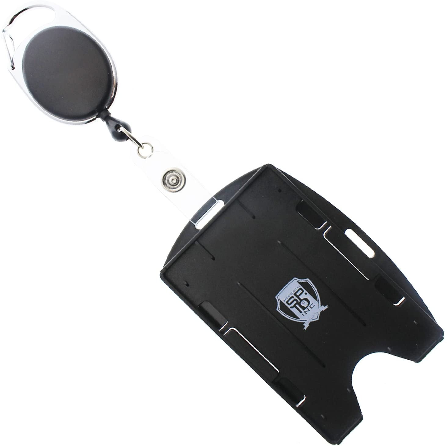 2 Pack - Premium Two Card Plastic Badge Holder - Vertical or Horizontal - with Heavy Duty Retractable Carabiner Clip Badge Reel by Specialist ID (Black)