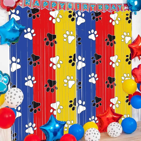 2 Pack Primary Color Paw Print Foil Fringe Curtain, Tinsel Streamer Backdrop for Kids Animal Theme Birthday Party Decor