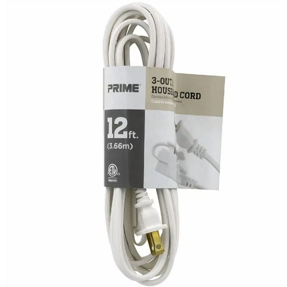 2 Pack- Prime 12 Foot 3-Outlet Indoor Household Extension Cord White