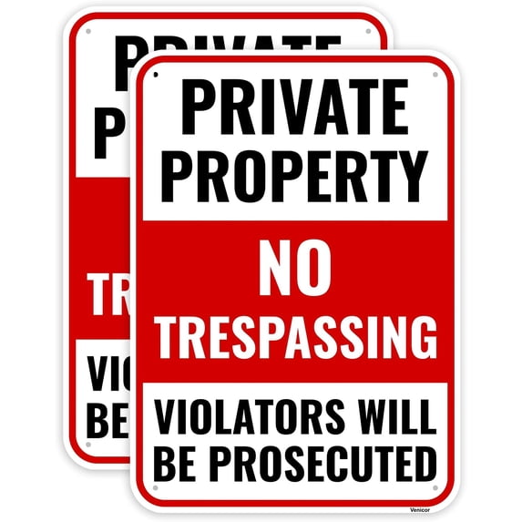 2 Pack Private Property No Trespassing Sign, 12 x 8 Inches - Aluminum - Violators Will Be Prosecuted Warning Metal Sign/Without a frame