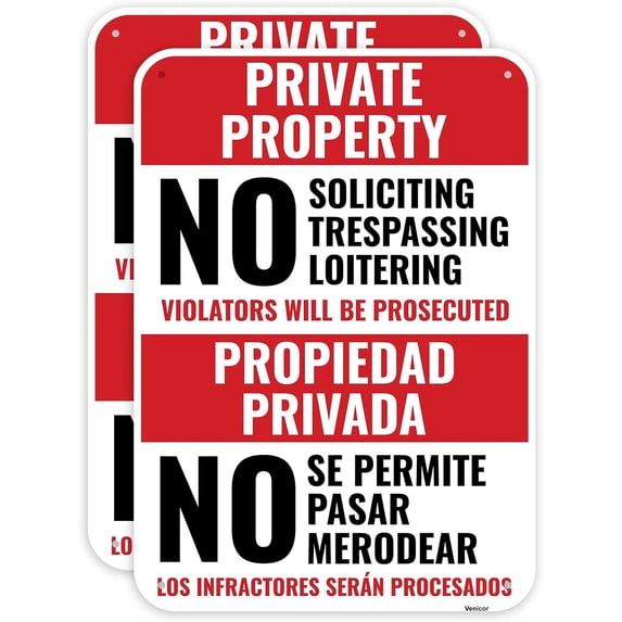 2 Pack Private Property No Soliciting Trespassing Loitering Sign Spanish, 12 x 8 Inches - Aluminum - Propiedad Privada No Traspasar Bilingual/Without a frame