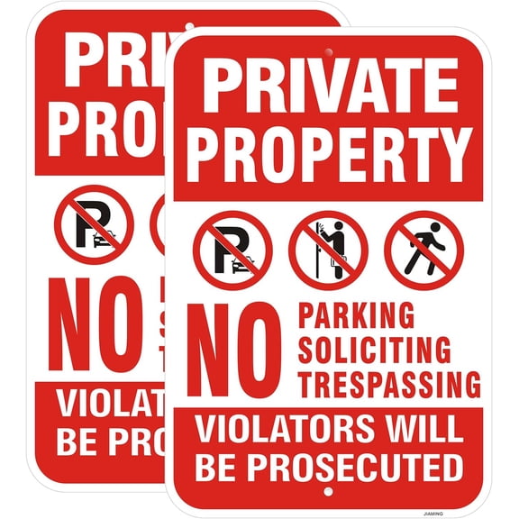 2 Pack Private Property No Trespassing Signs - 18x12 Inch No Parking No Soliciting Reflective with Violators Be Prosecuted Warning, Rust-Free Aluminum Weatherproof UV Protected for Yard, Driveway