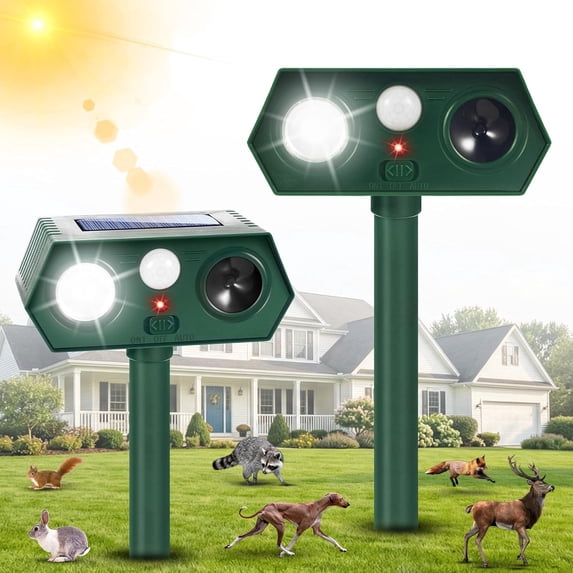 2 Pack Pro Solar Ultrasonic Animal Repellent,Outdoor Deer Repeller Devices with Motion Sensor Strobe Light for Squirrel Raccoon Rabbit Stray Cat,Farm Yard