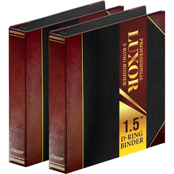 2 Pack of Professional Luxor 3 Ring Binder 1.5 Inch Locking Slant Angle D-Rings, Maroon Turned Edge Flat, Durable Heavy Duty Presentation Folder Binder for Documents Paper Files Projects