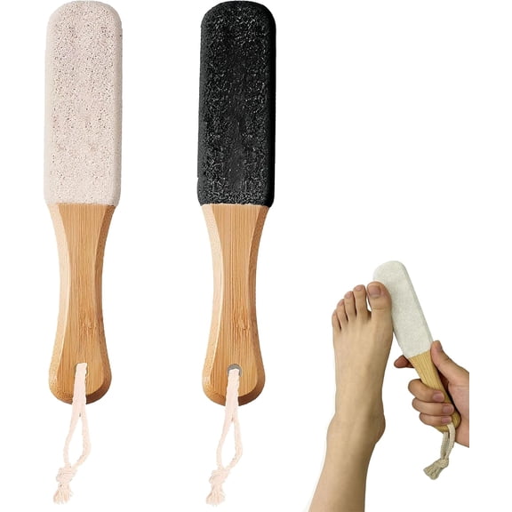 2-Pack Professional Pedicure Foot File & Pumice Stone with Wooden Handle on a Stick - Callus Remover and Foot Scrubber for Dead Skin, Dry Rough Feet, Cracked Heels and Corns