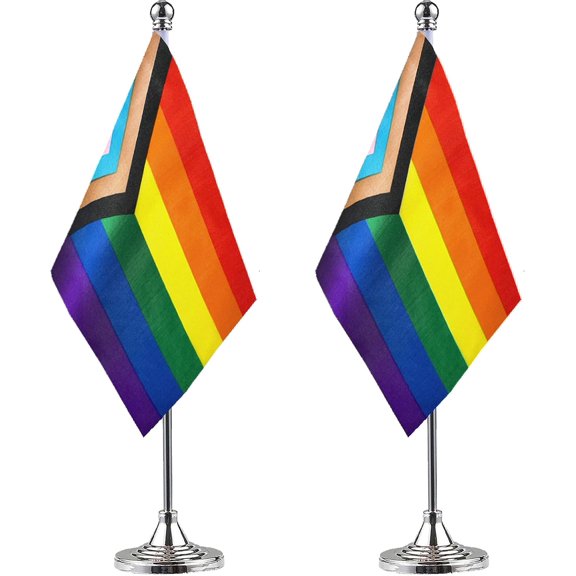 2 Pack Progress Pride Rainbow Desk Flag Small Mini Gay LGBT Table Flags With Stand Base,Rainbow Mardi Gras Festival Events Celebration Decorations