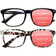 2-Pack Progressive Multifocal Computer Glasses Women Men Blue Light Blocking Reading Glasses Spring Hinge Readers 1 Black+1 Leopard, 2.0
