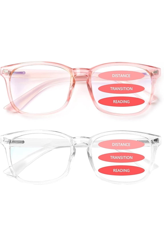 2-Pack Progressive Multifocal Computer Glasses Women Men Blue Light Blocking Reading Glasses Spring Hinge Readers (1Pink 1 Transparent, 1.75)