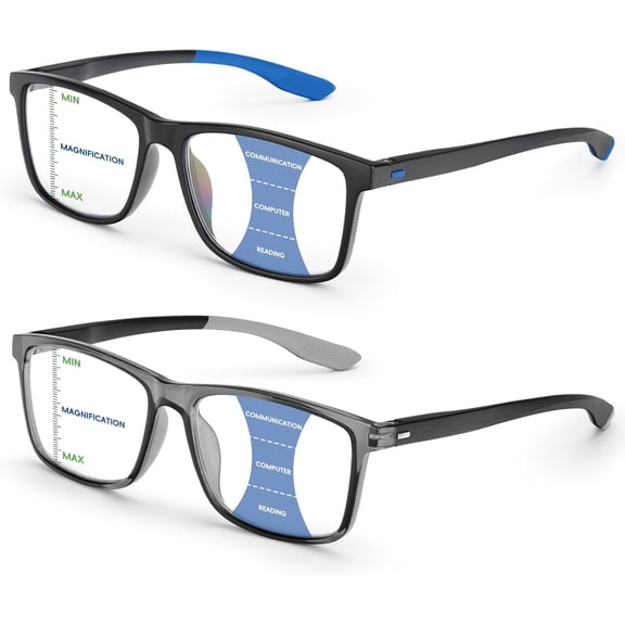 2 Pack Progressive Multifocal Reading Glasses for Men - Blue Light Blocking TR90 Full Rim Readers