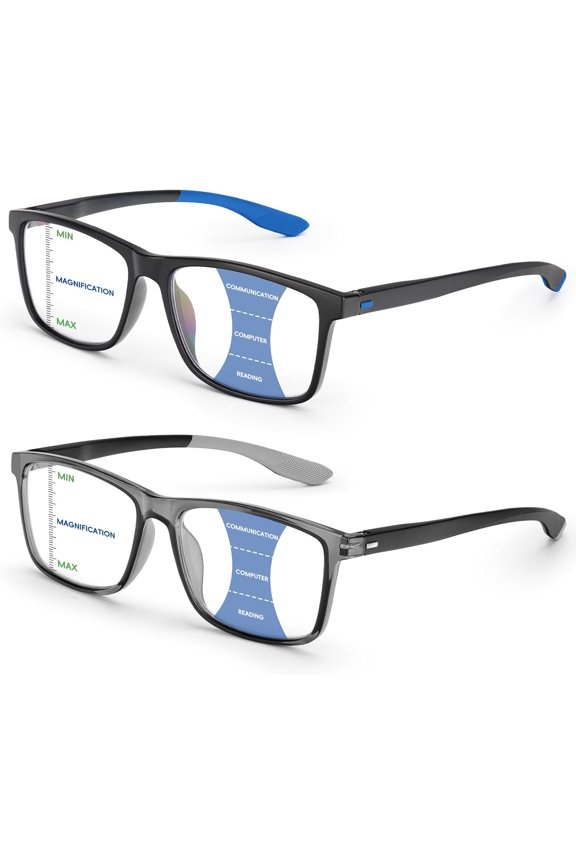 2 Pack Progressive Multifocal Reading Glasses for Men - Blue Light Blocking TR90 Full Rim Readers