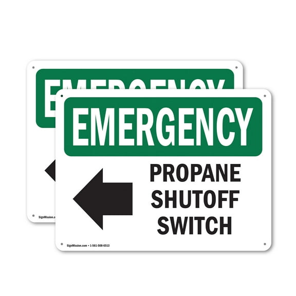 (2 Pack) Propane Shutoff Switch [Left Arrow] With Symbol OSHA Emergency Sign 10 Inch X 7 Inch Indoor / Outdoor Rust-Free Aluminum Metal Signs for Workplace, Workshop, and Construction